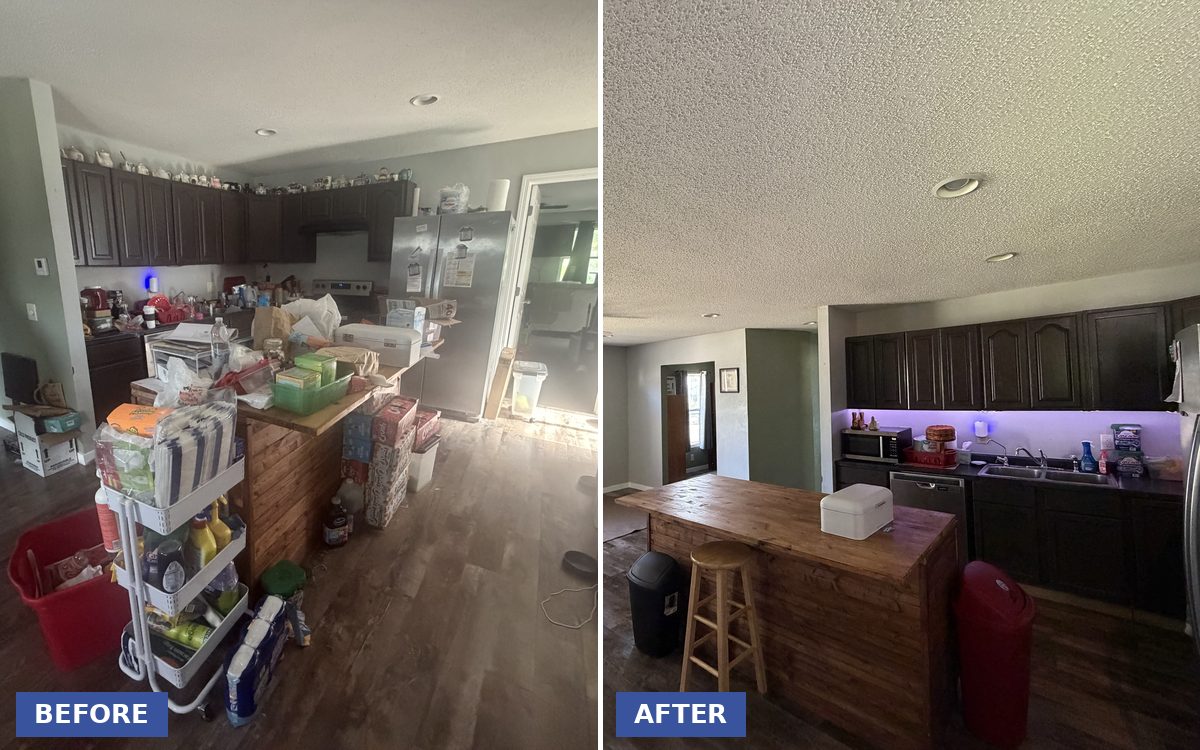 Before and after transition clean of a Quad Cities home kitchen, cluttered on the left and cleared and cleaned on the right Before and after transition clean of a Quad Cities home kitchen, cluttered on the left and cleared and cleaned on the right